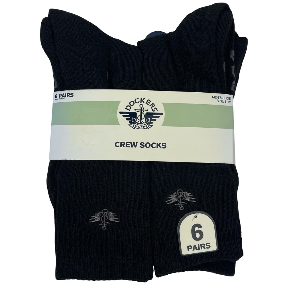 Dockers Comfort Crew Socks Mens 6-12 Black 6 Pairs Ribbed Logo Multipack